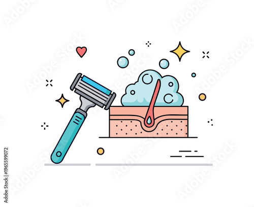 Clean shave concept with a razor, foam, and sparkle accents expressing smooth skin, freshness, and neat appearance. Minimalist flat vector illustration,