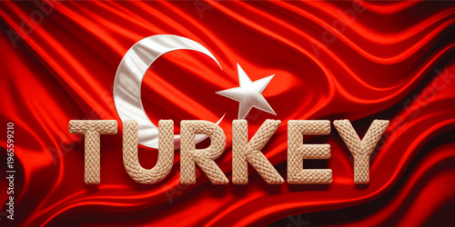 Turkey flag with crescent and star on red silk fabric, 3D rope text typography, patriotic Turkish national background illustration
