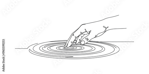 Fluid Contact. Minimalistic one-line drawing a hand grazing the water surface with smooth ripple waves, continuous single black line on white background,