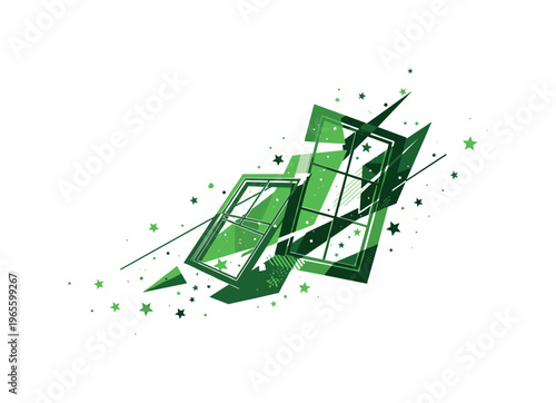 fragmented window drifting among stars, green geometric shapes and sharp lines slicing through composition, flat colors and strong contrast, conceptual modern