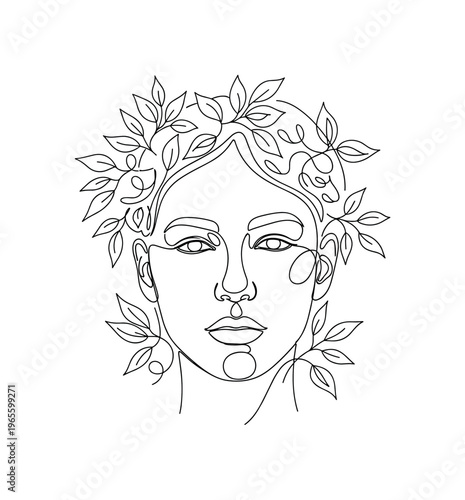 Organic Identity. Minimalistic one-line drawing a human face with leaves emerging from the head and hairline, continuous single black line on white background,