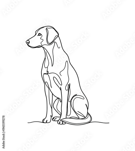 Calm Presence. Minimalistic one-line drawing a dog sitting quietly with smooth continuous contours, continuous single black line on white background, simple