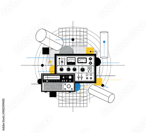 classic broadcast equipment with bold color layering, black and white devices combined with red and beige geometric forms, thin linear elements and semicircles