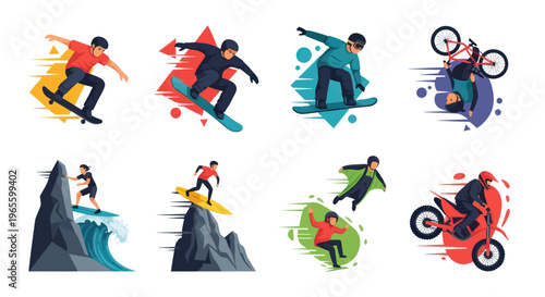 Extreme Sports Flat Vector Art: Skateboarder, Snowboarder, Surfer, BMX, Wingsuit, Motocross