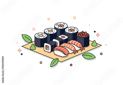 Tiny food picnic a miniature sushi setup with rolls and nigiri arranged neatly with subtle leaf accents around. A playful and fresh scene blending food and