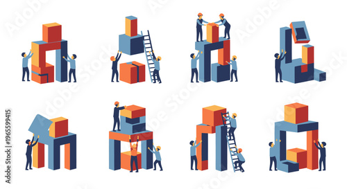Building Blocks Teamwork Concept - Flat Vector Illustration