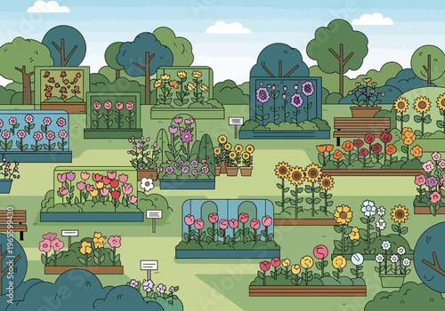 A vibrant and diverse flower garden with various blooms and plants.