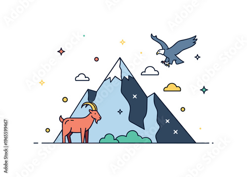 Mountain animals scene with a stylized mountain peak and simple silhouettes of a goat and eagle conveying wildlife adaptation, freedom, and rugged nature.