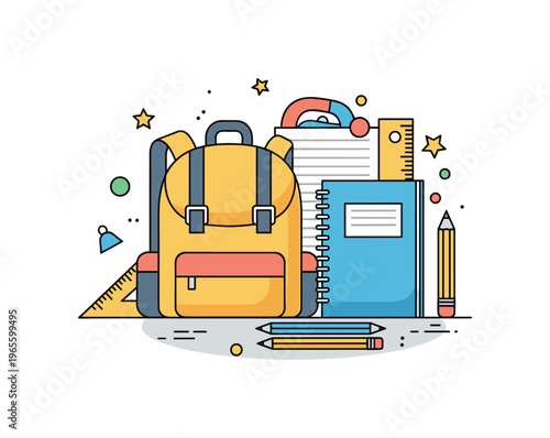 School supplies arrangement with a backpack, notebook, pencils, and ruler conveying preparation, organization, and study routine. Minimalist flat vector