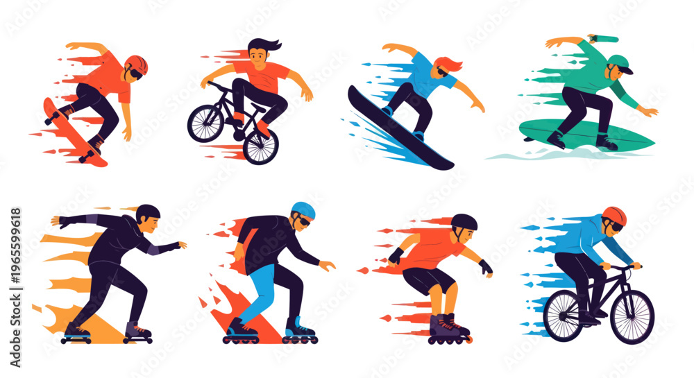 Fototapeta premium Flat vector illustration of people in action sports, diverse activities, movement