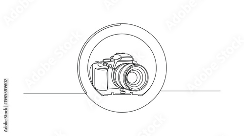 Minimal Vlogger Setup. Minimalistic one-line drawing camera with ring light circle outline around lens, continuous single black line on white background,