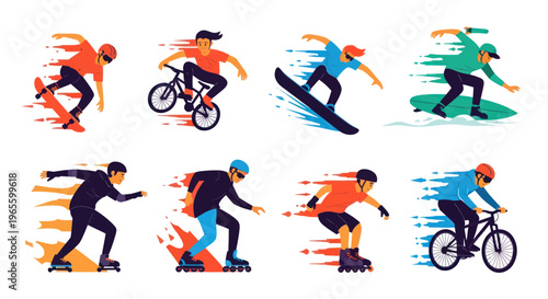 Flat vector illustration of people in action sports, diverse activities, movement