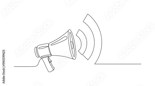 Online Branding Concept. Minimalistic one-line drawing megaphone projecting smooth curved broadcast waves in balanced layout, continuous single black line on