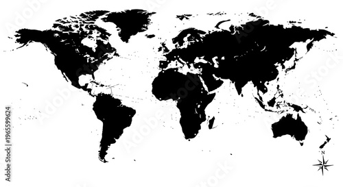Black and white world map graphic showing continents of the Earth. Global landmass representation for geography, travel, and international concepts.