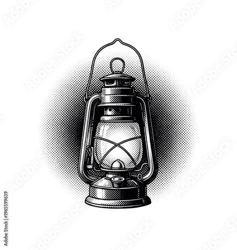 A lantern casting a soft circular glow indicated through halftone density around it, black and white illustration, classic print design, dot pattern texture,