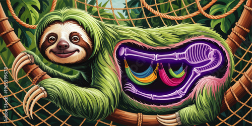 Cute jungle sloth with x ray hammock skeleton, playful cartoon illustration of relaxed animal hanging in rope net, tropical art
