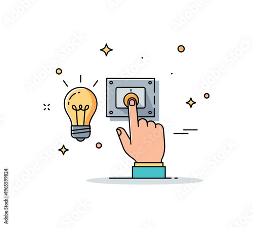 Flicking off a light scene with a hand pressing a wall switch and a glowing bulb turning dark conveying control, energy saving, and everyday action. Minimalist