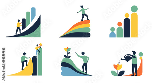 Flat icons of people climbing graphs and growing plants for success