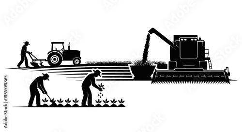 Agriculture Farmers Tilling Harvesting Tractor Combine Field Glyph