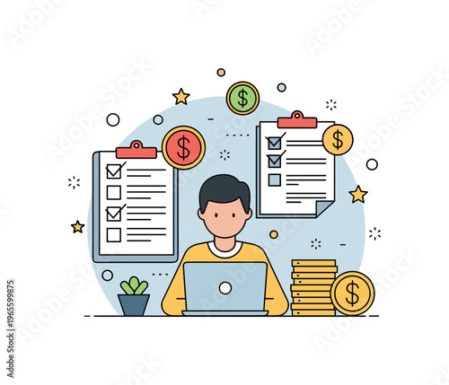 Independent contractor concept with a person working on a laptop surrounded by checklists and earnings symbols conveying control, responsibility, and self