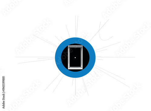 minimal window enclosed in a blue circular frame in space, thin linear elements suggesting cosmic motion, high contrast black and white subject, minimalist