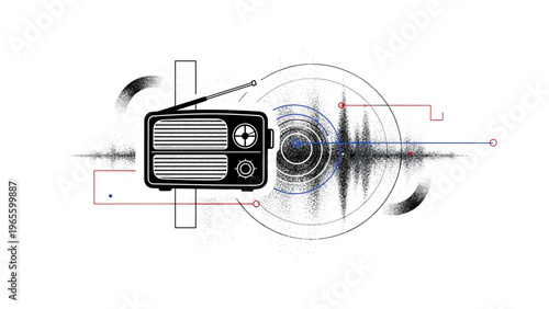 analog broadcast concept with textured signal waves, black and white vintage radio cut-out with white outline, grainy noise overlay blending with concentric