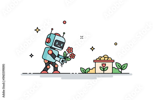 Mini eco robot scene a small robot collecting flowers into a simple arrangement with clean spacing and subtle shadows. A calm and modern illustration