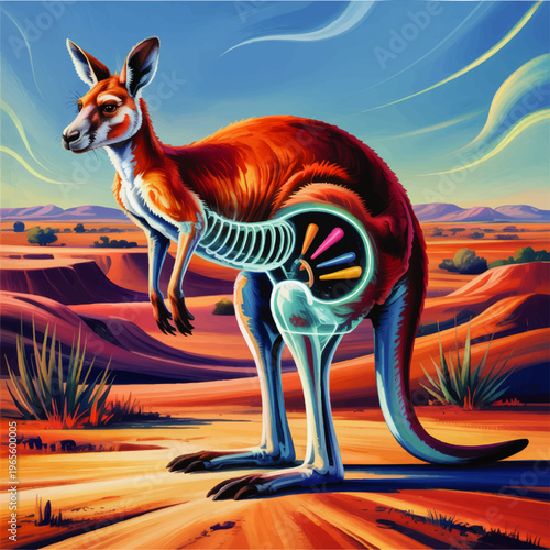 Vibrant cyberpunk kangaroo anatomy in colorful Australian desert landscape, futuristic wildlife illustration, sci fi outback art