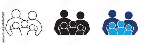 Family Icon Set with Parents and Three Children in Linear, Solid, and Color Styles