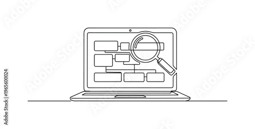 SEO Blogging Scene. Minimalistic one-line drawing laptop screen with magnifier icon and structured content blocks, continuous single black line on white