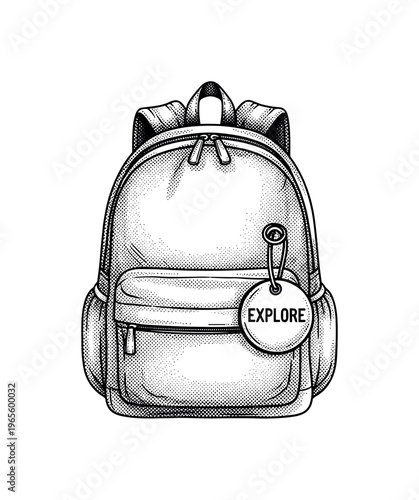 A backpack with a small hanging tag engraved ?explore?, detailed with halftone shading, black and white editorial illustration, vintage engraving style, high