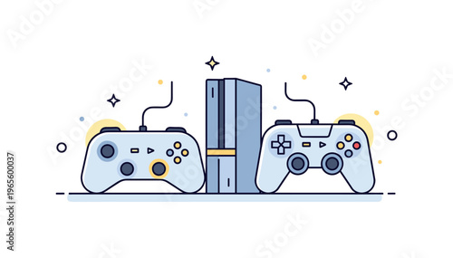 Game controller and console pairing with subtle glow and button details conveying interaction, control, and gaming culture. Minimalist flat vector