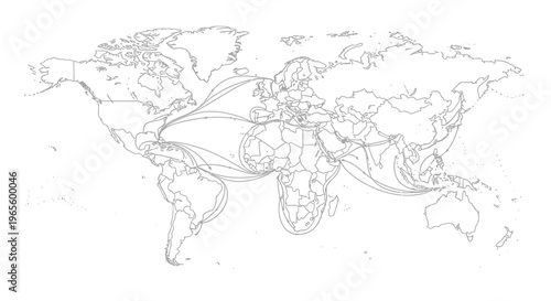 Global connections on outline world map. Interconnected network illustrating worldwide trade routes, logistics, and international commerce.