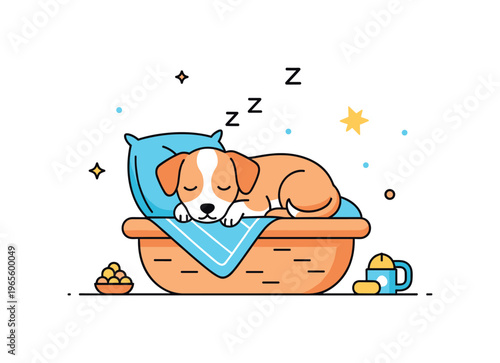 Cozy puppy rest a tiny dog sleeping snugly in a basket with a soft cushion and calm expression. The composition conveys warmth and safety in a simple home