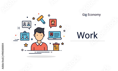 Gig economy badge with a freelancer icon, task symbols, and subtle ?Work? label conveying independence, opportunity, and modern career paths. Minimalist flat