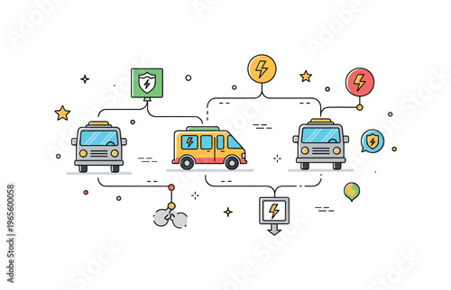 Public electric transport system concept with vehicles, route indicators, and small energy icons expressing organized, modern, and eco friendly mobility.