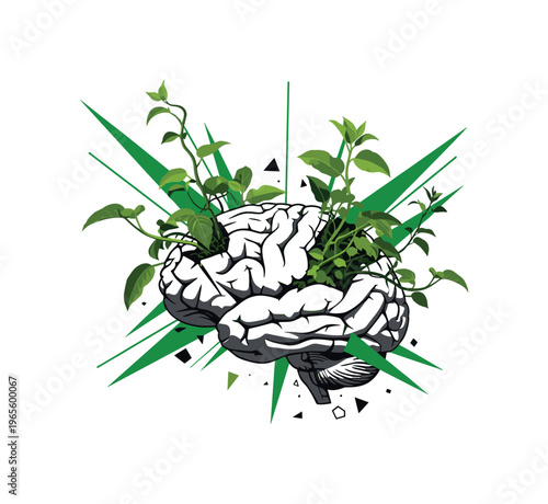fragmented brain with plants growing through gaps, green geometric shapes and sharp lines slicing through composition, flat colors and strong contrast,