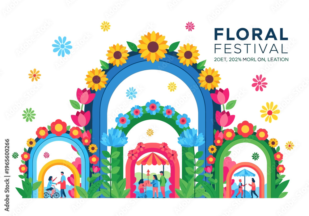 Fototapeta premium Vibrant Floral Festival Archways with People Celebrating.