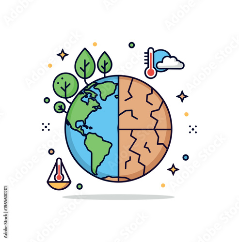 Climate change impact on ecosystems concept with a globe split between healthy greenery and dry cracked land with small temperature icons conveying imbalance,