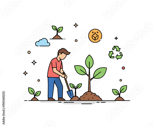 Tree planting restoration scene featuring a person planting a sapling with small growth icons expressing renewal, sustainability, and environmental