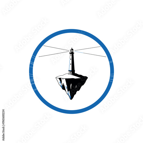 minimal floating island enclosed in a blue circular frame with lighthouse, thin linear elements suggesting wind and light rays, high contrast black and white