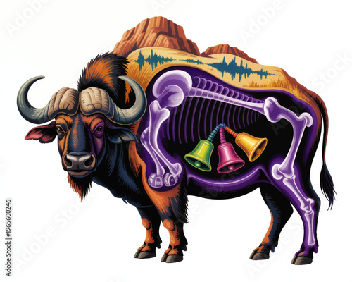 Surreal buffalo anatomy illustration with x ray skeleton, desert landscape and colorful bells inside, vibrant concept art