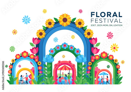 Vibrant Floral Festival Archways with People Celebrating.