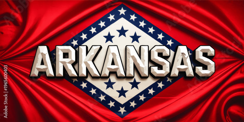 Arkansas text on stylized state flag with red fabric folds, white diamond, blue stars and bold 3D lettering, patriotic background