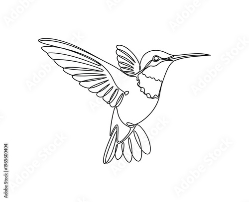 Swift Flight. Minimalistic one-line drawing a hummingbird hovering mid-air with wings spread in motion, continuous single black line on white background,