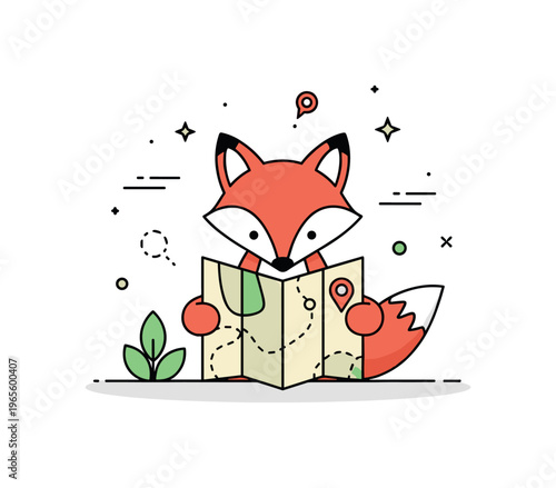 Fox travel planning a small fox examining a map with soft motion accents suggesting thinking and decision making. The scene highlights curiosity and thoughtful