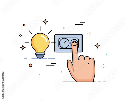 Household action illustration with a finger pressing a switch and light turning off expressing routine, simplicity, and control. Minimalist flat vector