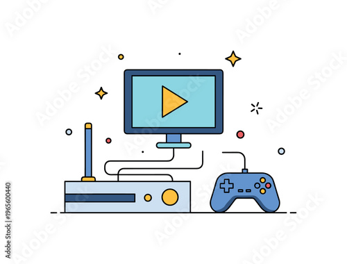 Digital play concept with a simple console unit, controller, and subtle decorative dots expressing simplicity, accessibility, and entertainment. Minimalist
