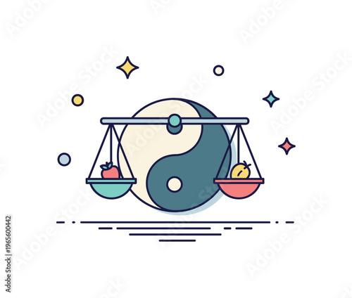 Spiritual balance concept with a yin yang icon and soft decorative dots expressing calm, mindfulness, and inner harmony. Minimalist flat vector illustration,