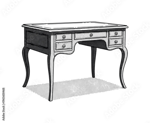 A Victorian-style writing desk with curved legs and subtle engraved linework, black and white halftone illustration, vintage editorial print style, dot pattern